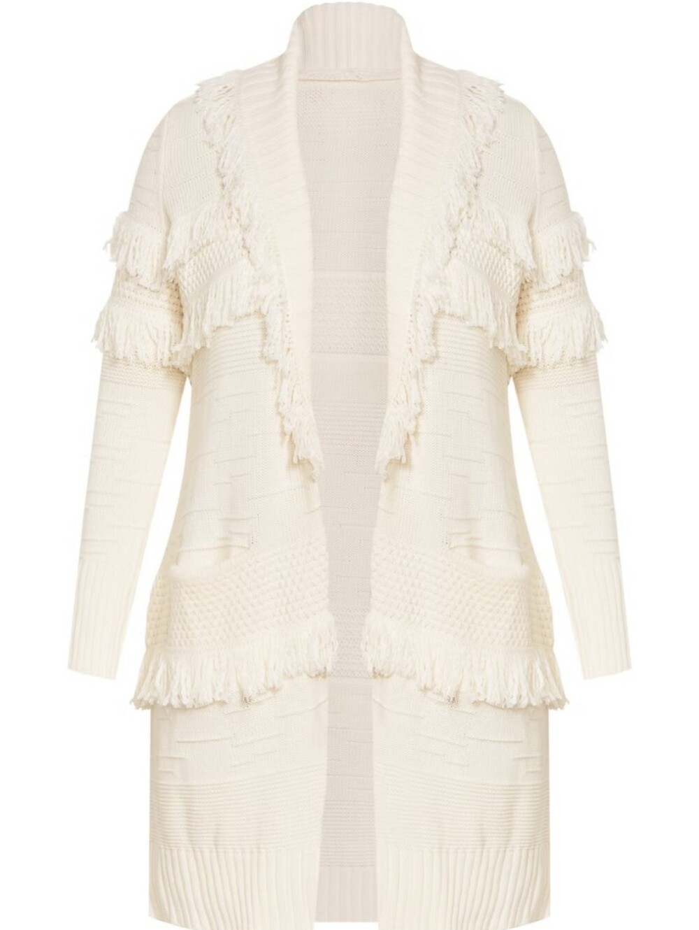 AVENUE " Shaylee" Open-Front Fringe Long Cardigan Sweater - Cream